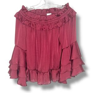 MISA Los Angeles Saskayi Off Shoulder Long Sleeve Tiered Ruffle Burgundy Blouse